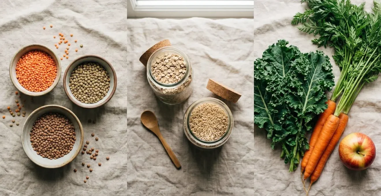 Diverse high-fibre whole foods including lentils, whole grains, and fresh vegetables arranged for meal preparation