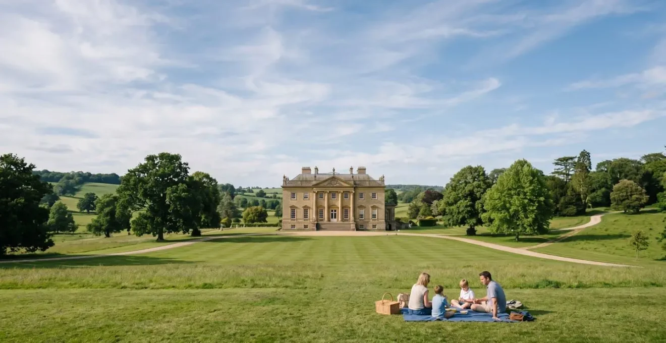 A Palladian mansion set in rolling parkland with a family having a picnic on the lawn in the foreground