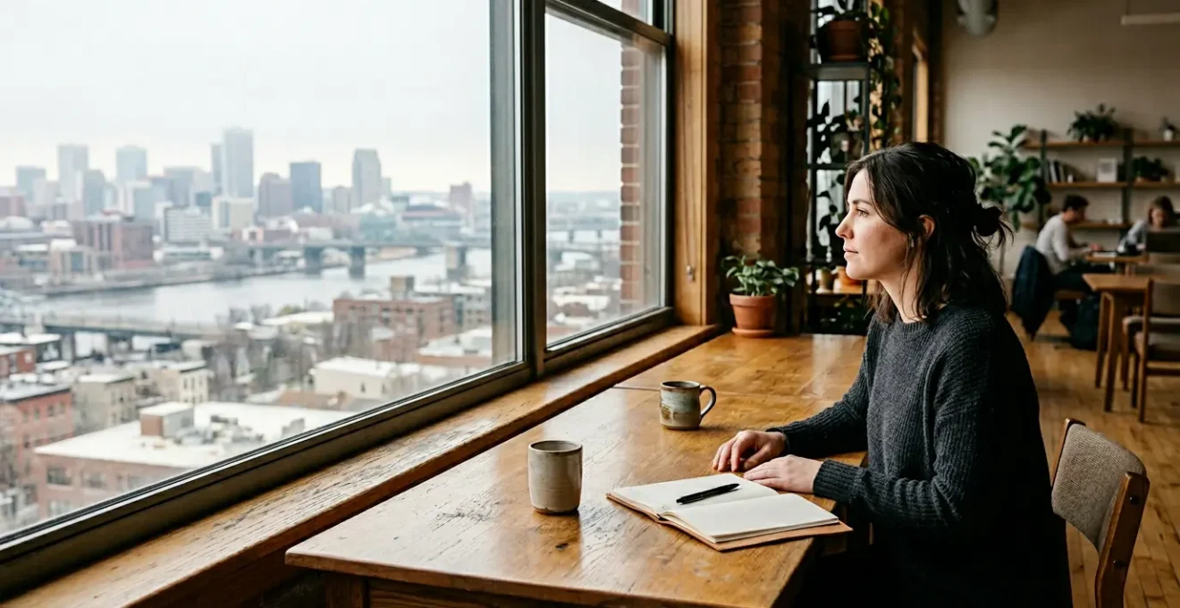 Professional evaluating workspace options between urban commute and local coworking environment