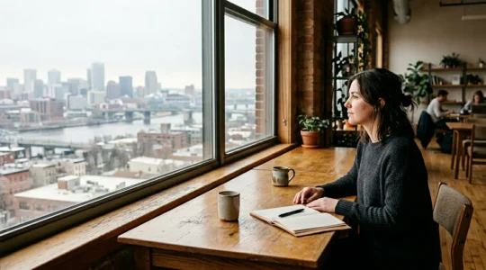 Professional evaluating workspace options between urban commute and local coworking environment