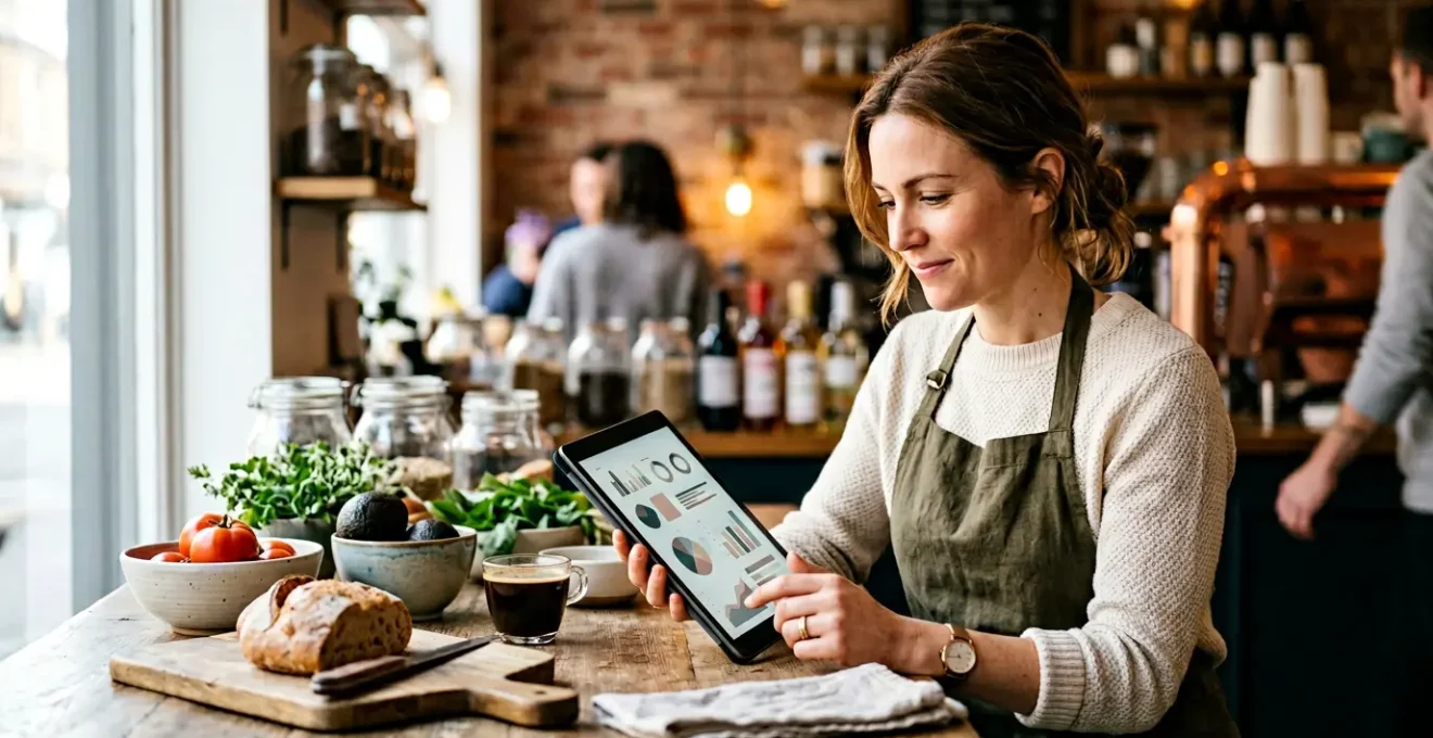 Independent cafe owner analyzing data on tablet to reduce food waste and optimize inventory