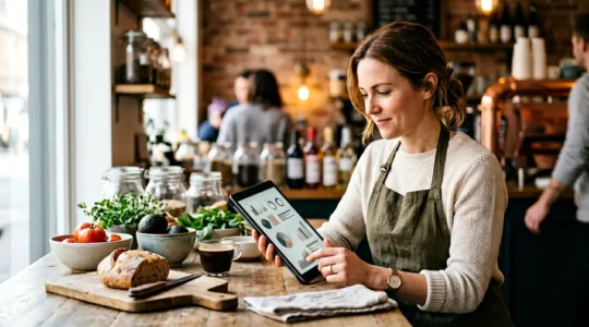 Independent cafe owner analyzing data on tablet to reduce food waste and optimize inventory