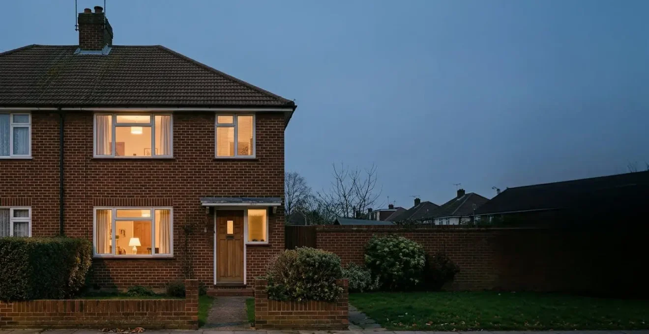 Modern semi-detached home with smart IoT devices monitoring energy consumption through digital interface