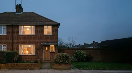 Modern semi-detached home with smart IoT devices monitoring energy consumption through digital interface