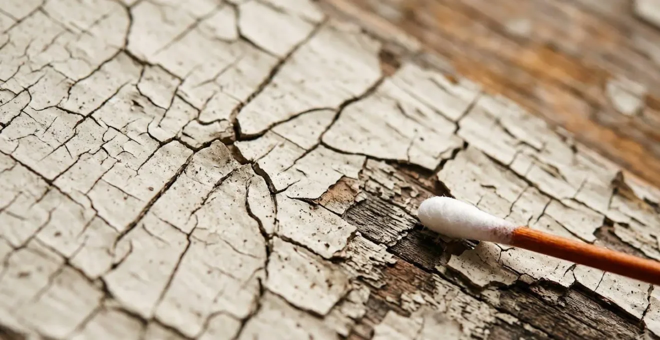 Close-up detail of lead paint testing process on vintage furniture surface