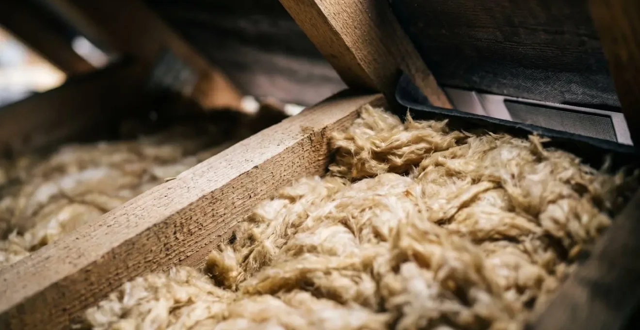 Close-up detail showing mineral wool insulation layers in a loft with a clear ventilation gap at the eaves to prevent condensation