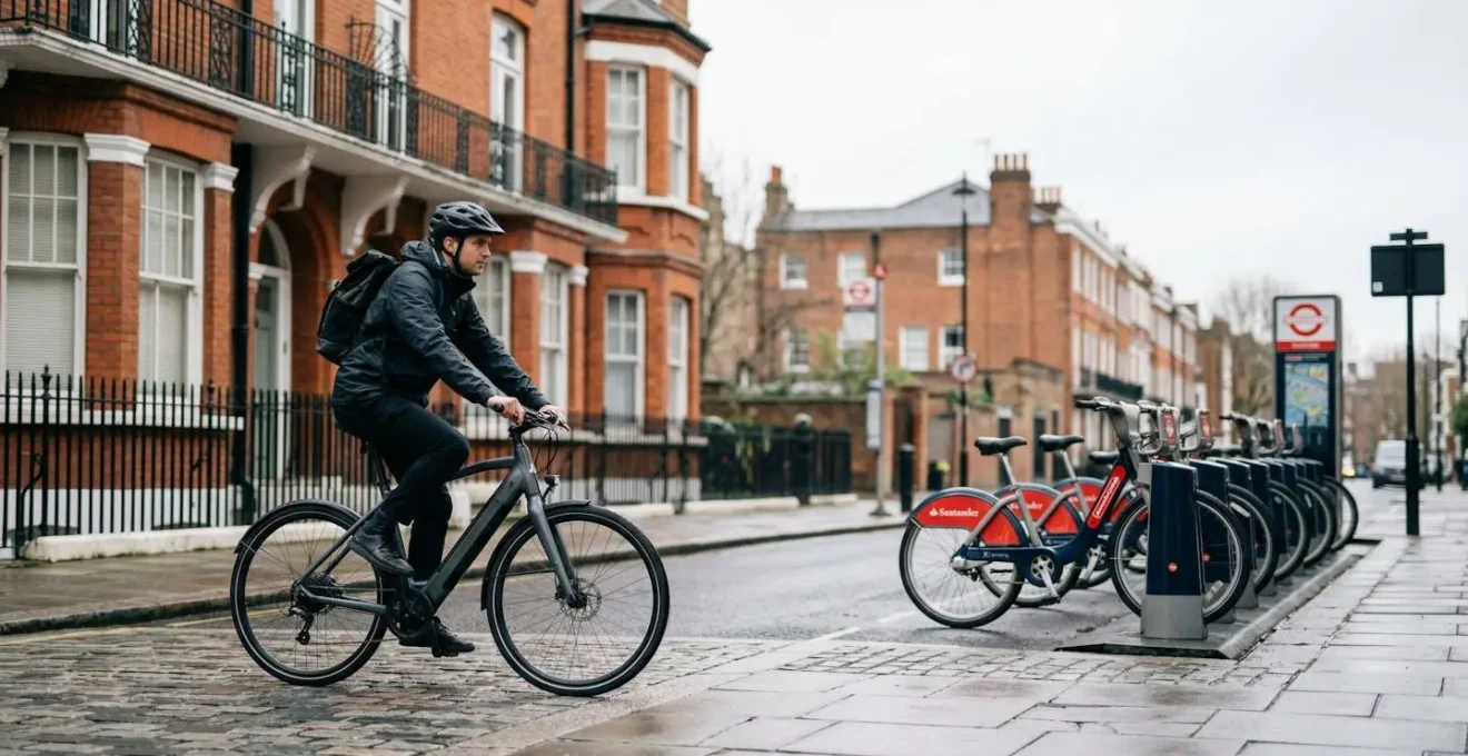 London cyclist navigating between docking station and urban street with modern e-bike