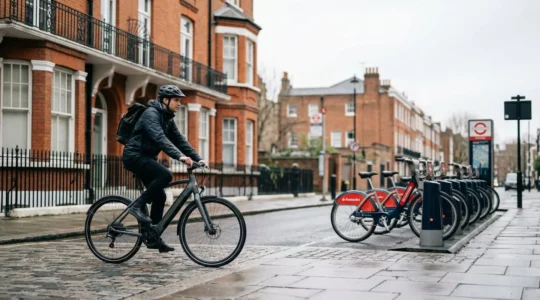 London cyclist navigating between docking station and urban street with modern e-bike