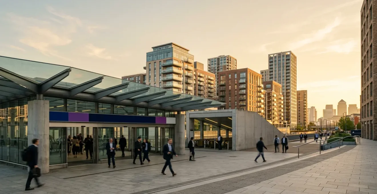 Modern railway station entrance with property investment signage in urban London setting