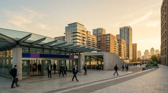Modern railway station entrance with property investment signage in urban London setting