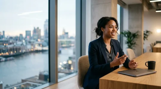 Modern finance professional in London transitioning into fintech career with digital technology elements