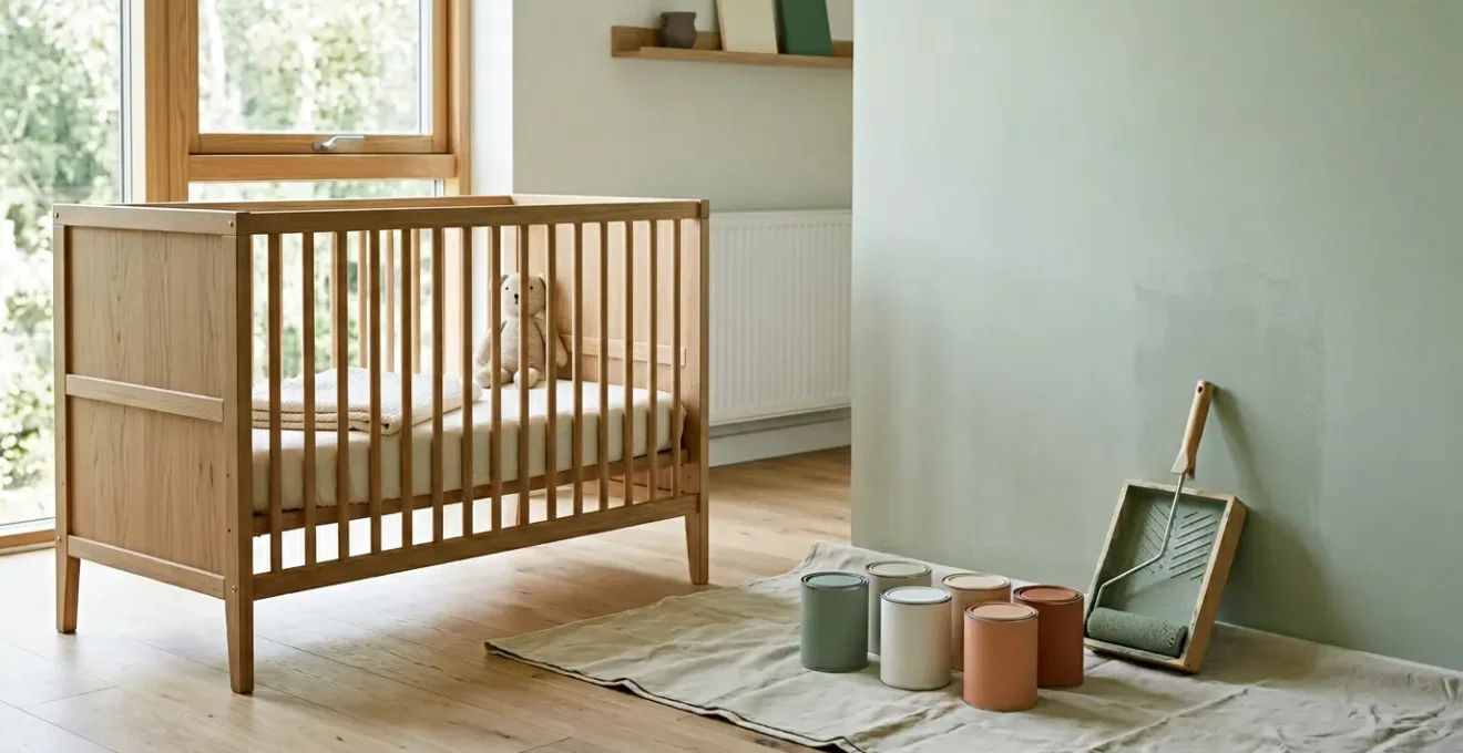 Serene nursery renovation scene showing healthy paint choices for infant safety