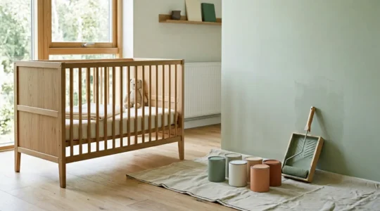 Serene nursery renovation scene showing healthy paint choices for infant safety