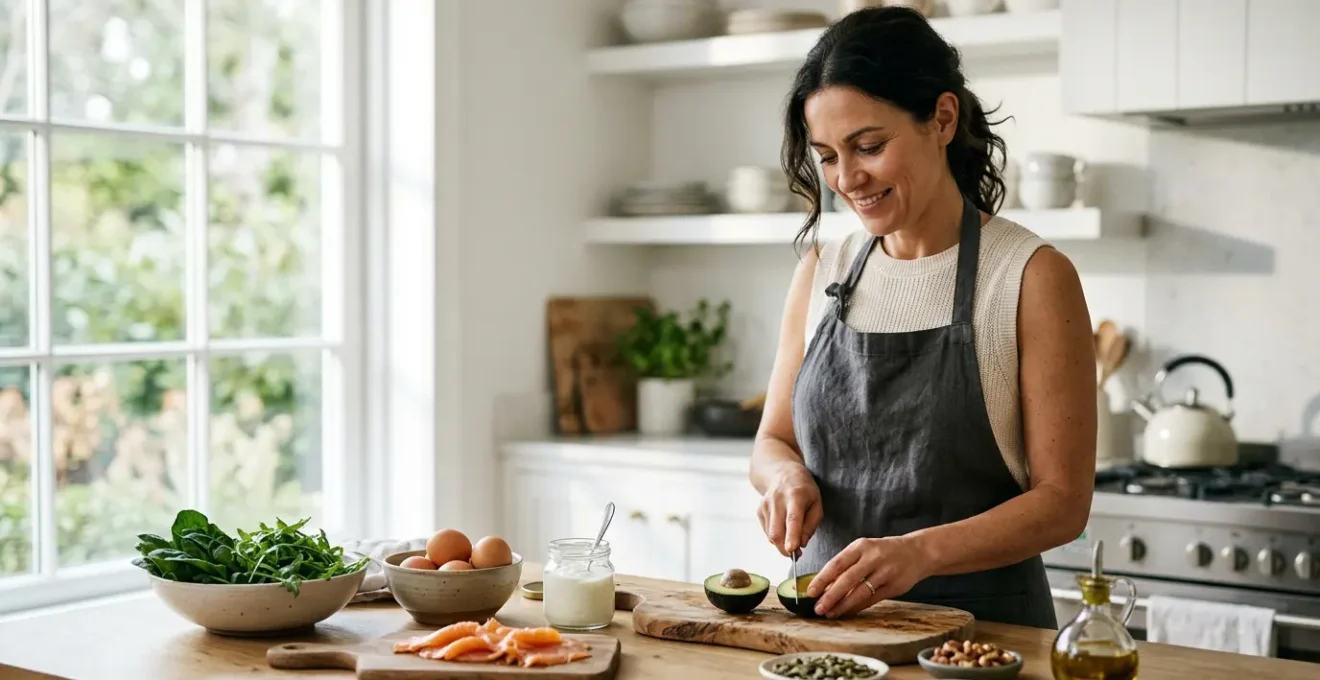 Healthy woman in her forties preparing a balanced breakfast with protein and vegetables in bright modern kitchen