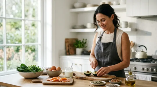 Healthy woman in her forties preparing a balanced breakfast with protein and vegetables in bright modern kitchen