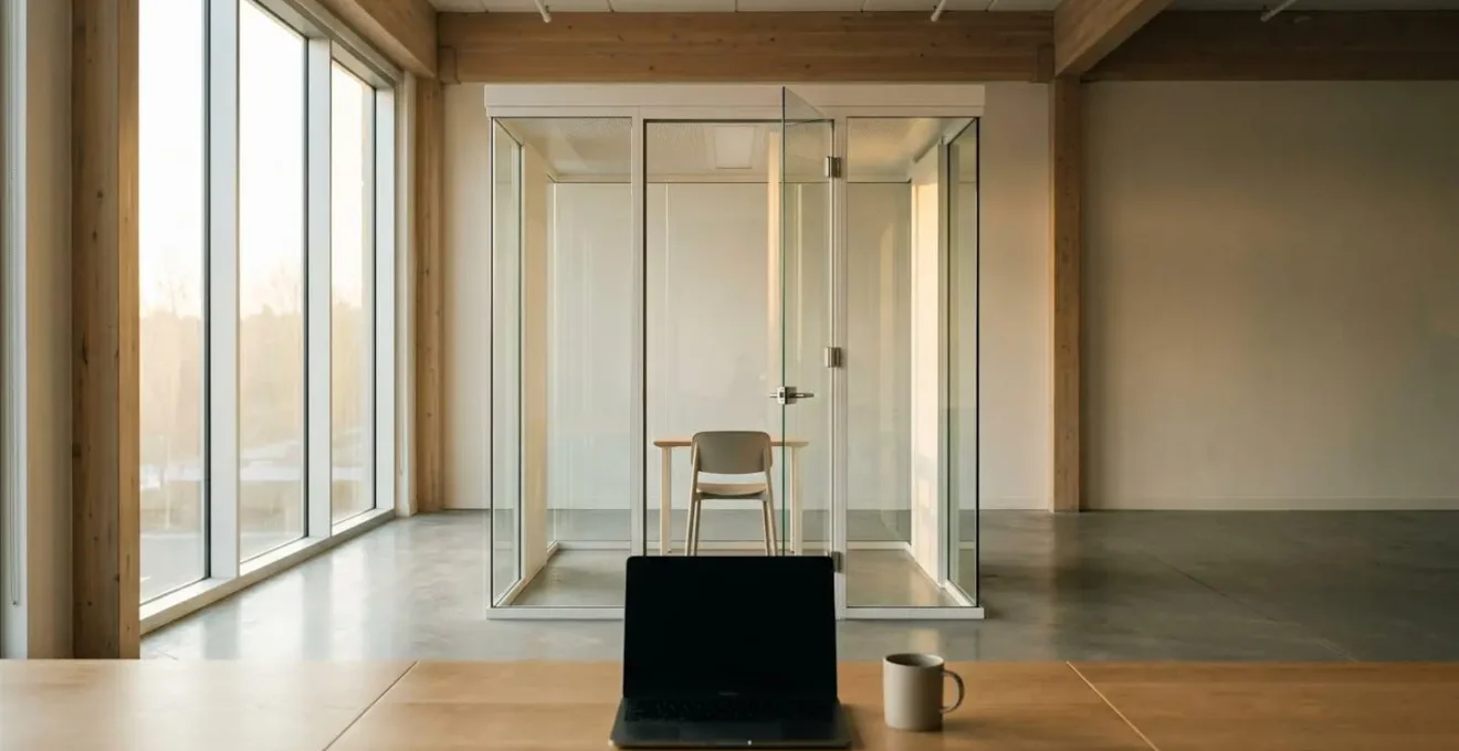 Empty silent focus booth in early morning coworking space with soft natural light