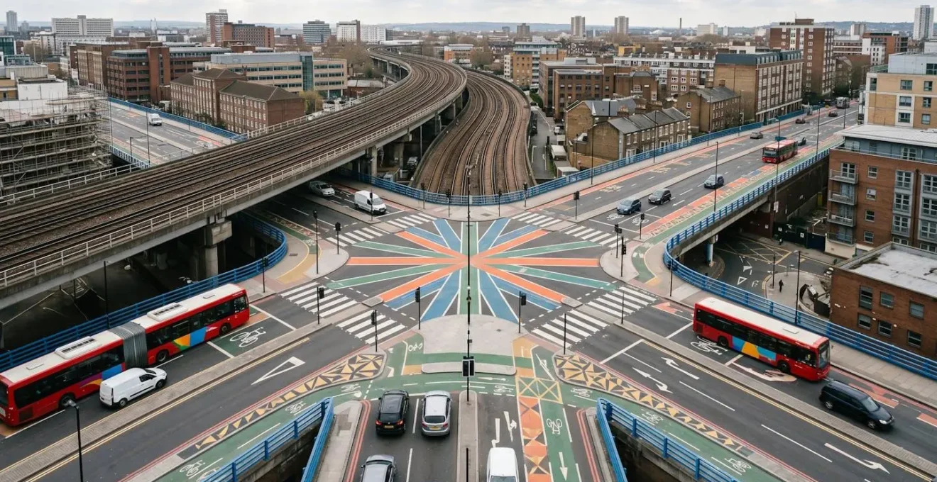 Aerial view of London transport hub showing multiple railway lines converging with cycling and bus infrastructure