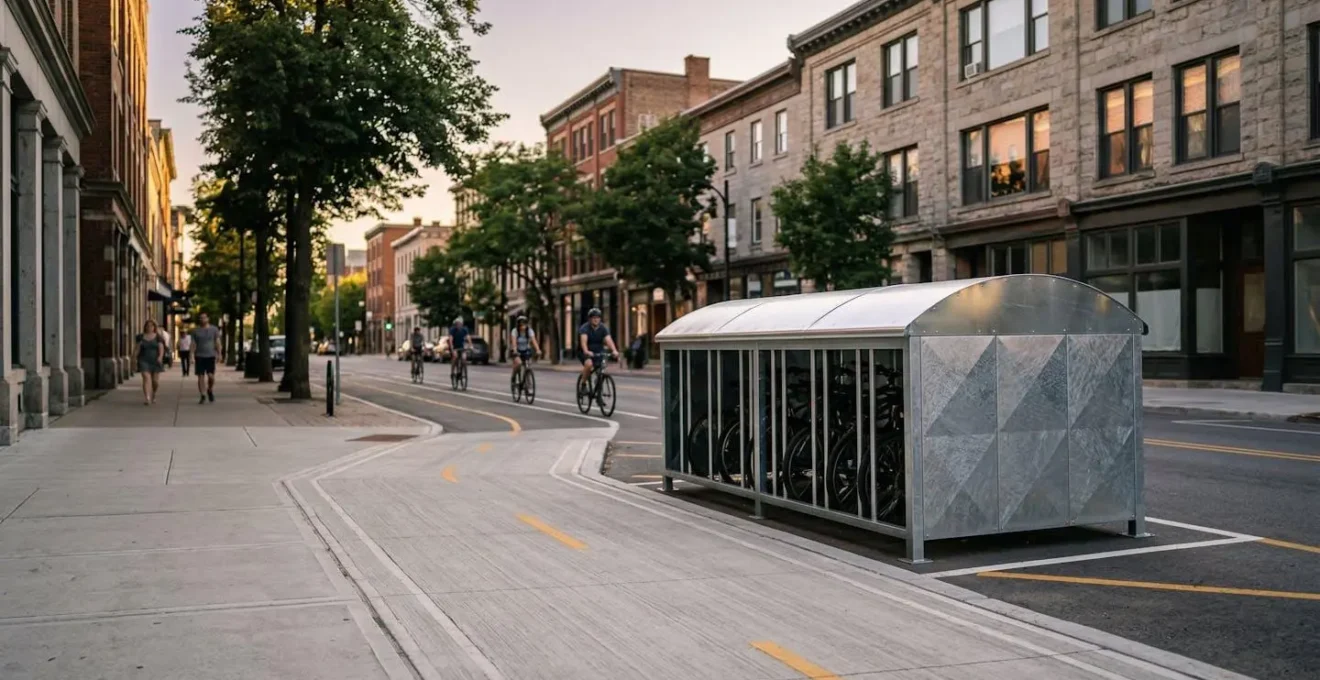 Secure bicycle storage infrastructure showing on-street bike hangars in urban environment with natural surveillance