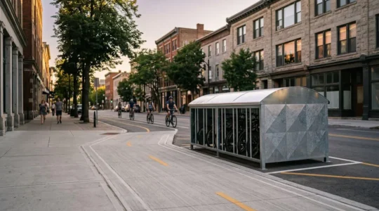 Secure bicycle storage infrastructure showing on-street bike hangars in urban environment with natural surveillance