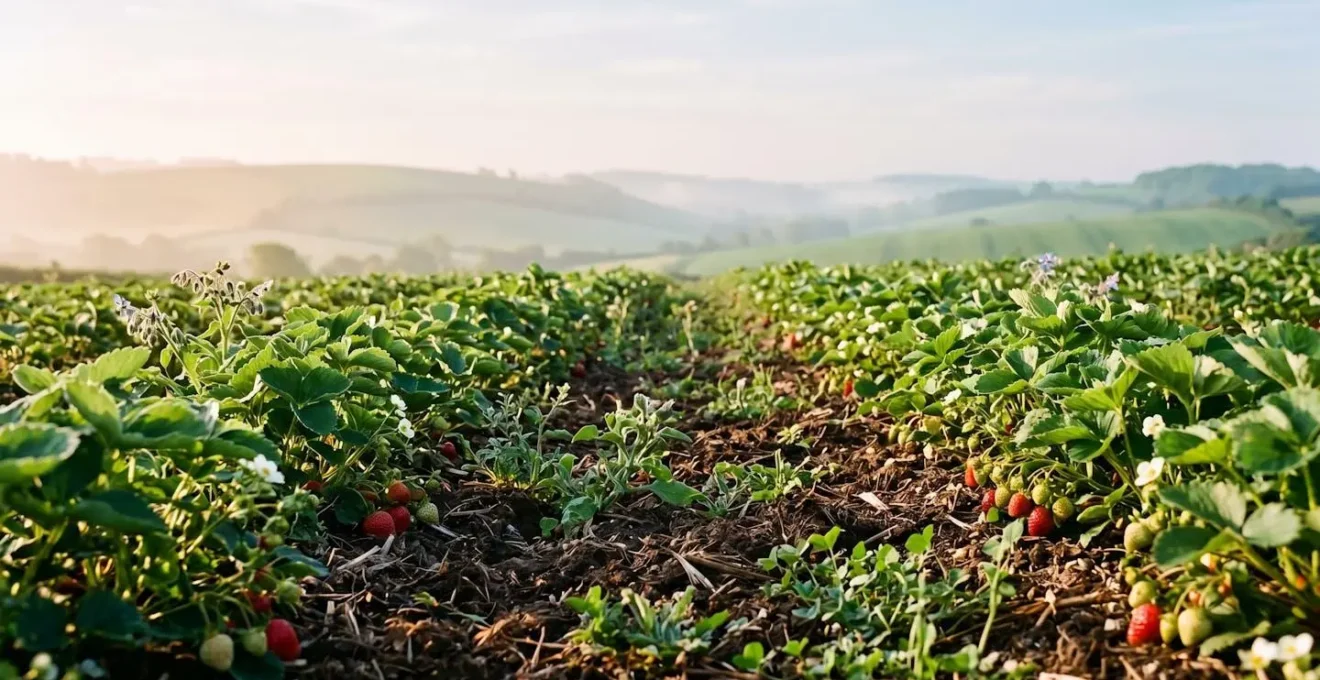Environmental wide shot of organic strawberry cultivation showing natural growing conditions without visible text or branding
