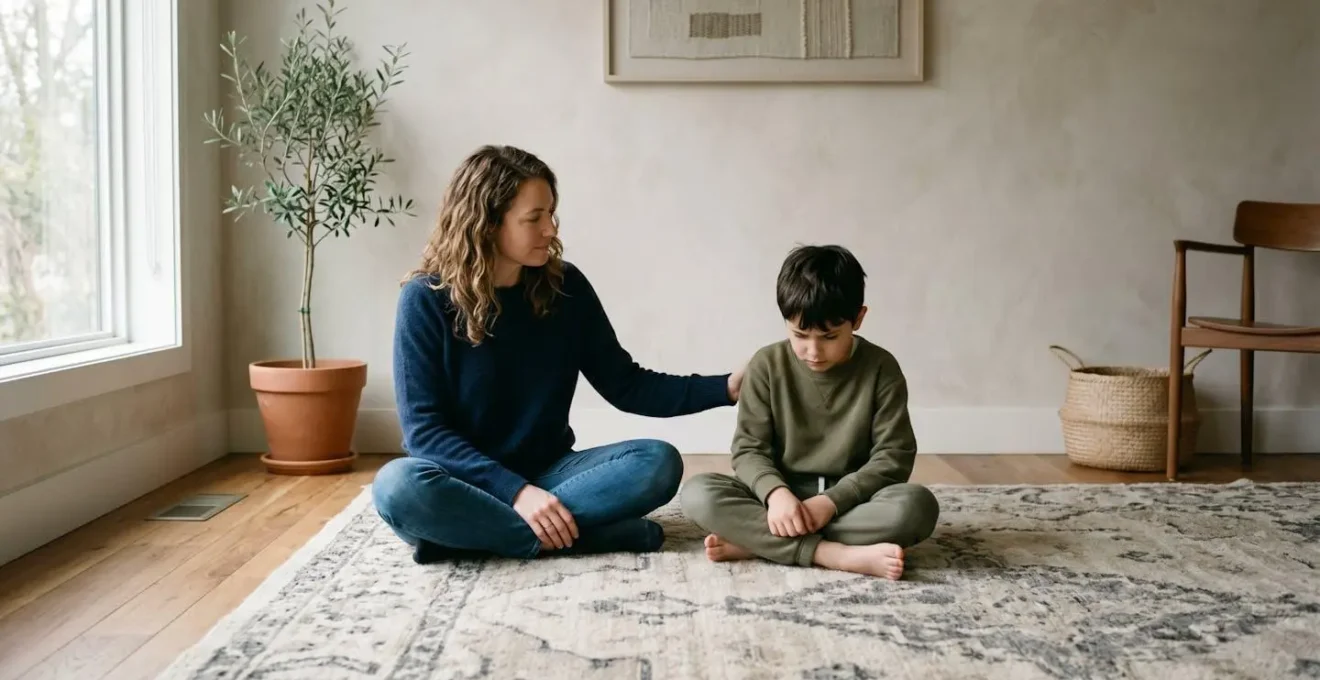 A parent sitting beside a child showing empathetic emotional support and co-regulation