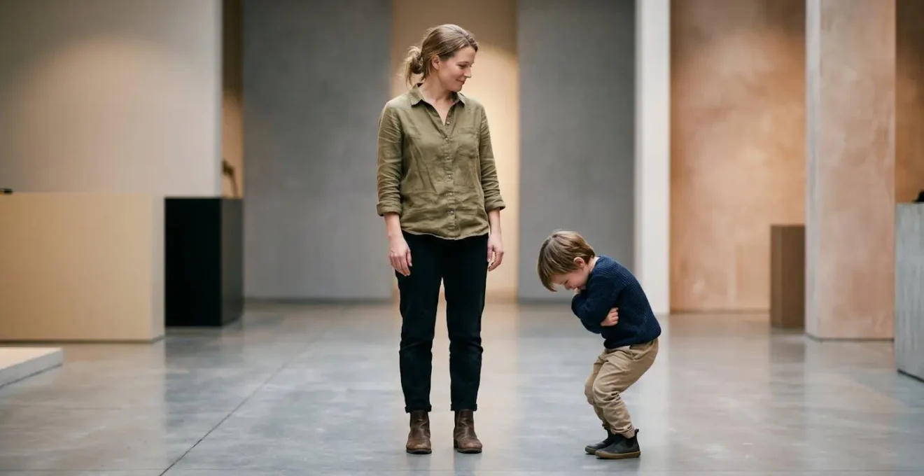 Parent maintaining calm presence during child's emotional expression in store setting, showing firm boundary with compassionate body language