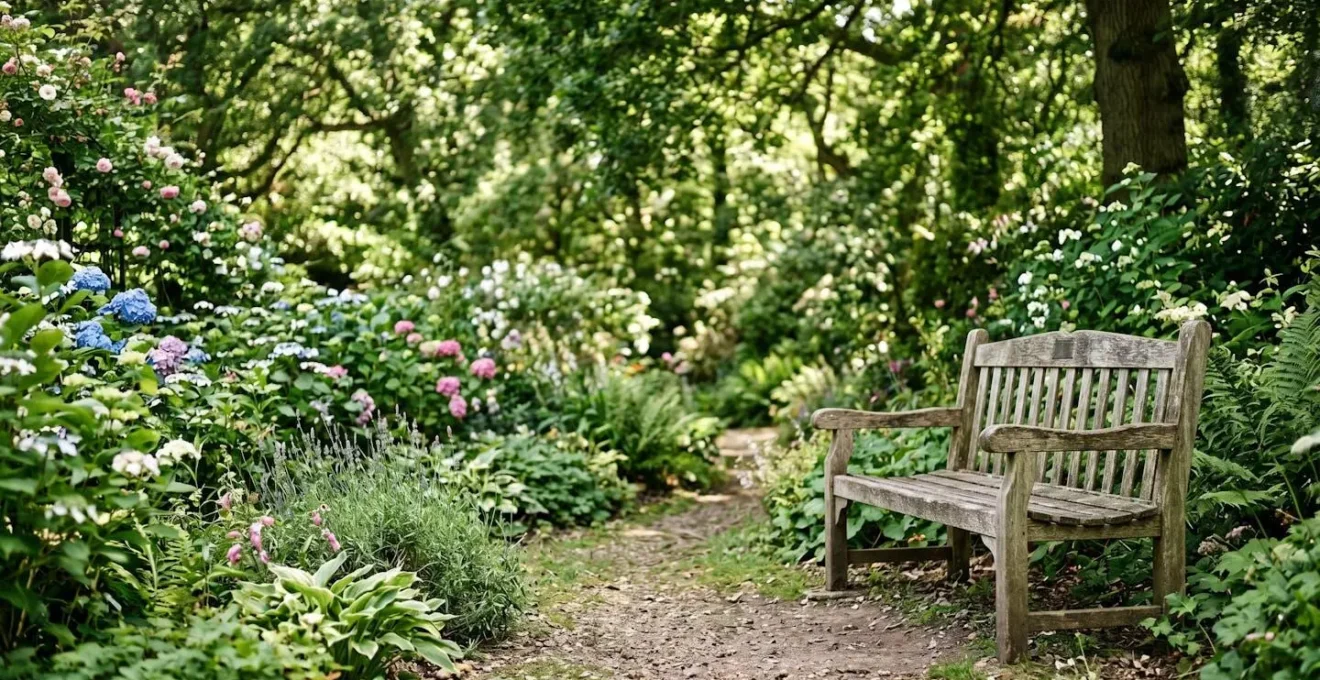 A secluded wooden bench nestled among flowering shrubs in a quiet corner of a formal garden