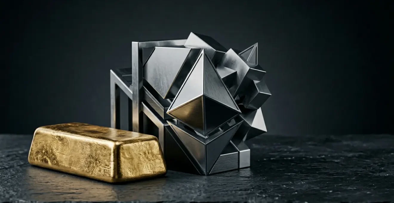 Professional editorial photograph comparing tangible gold investment assets with modern digital investment vehicles in dramatic lighting