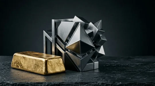 Professional editorial photograph comparing tangible gold investment assets with modern digital investment vehicles in dramatic lighting