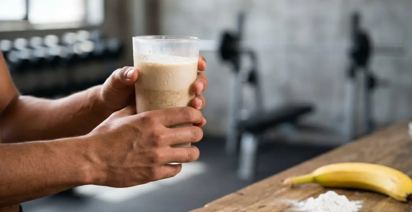 Plant-based recovery shake with banana and protein powder in natural athletic setting