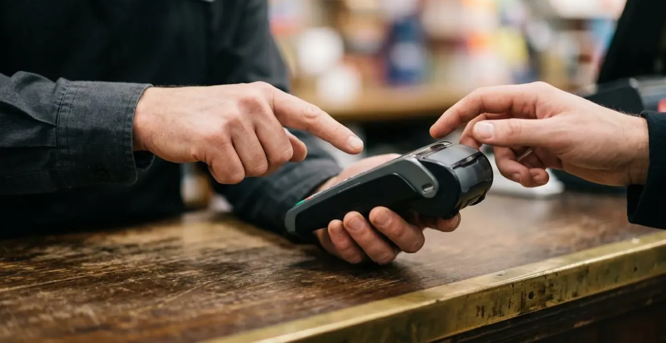 Close detailed view of retail staff hands learning point of sale system operation
