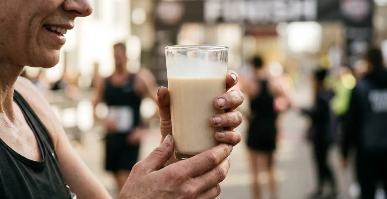 Human hands holding recovery shake in natural post-workout setting with authentic emotion