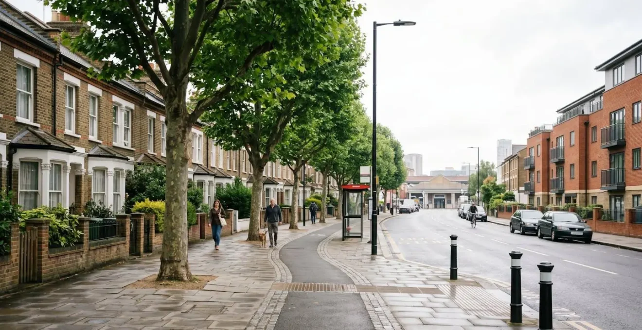 Residential street perspective showing walkable urban environment near transport station