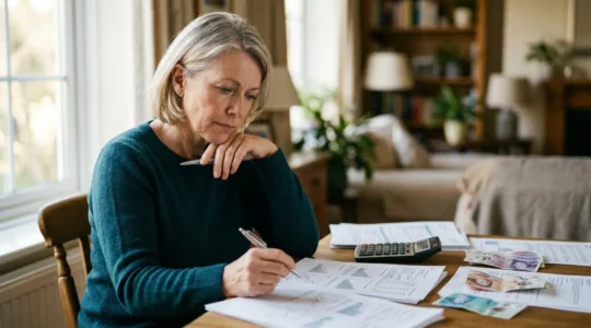 Person reviewing financial documents with calculator, savings statements and UK currency notes on wooden desk with natural window lighting
