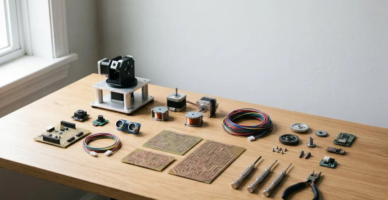 Wide view of organized robotics workspace with tools, components, and project materials arranged systematically on clean surface