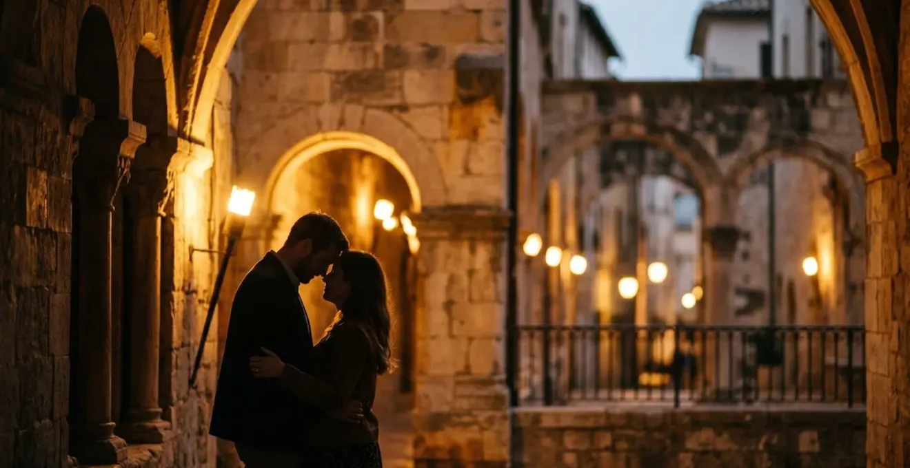 Warm candlelight reflecting on ancient stone architecture creating intimate evening atmosphere