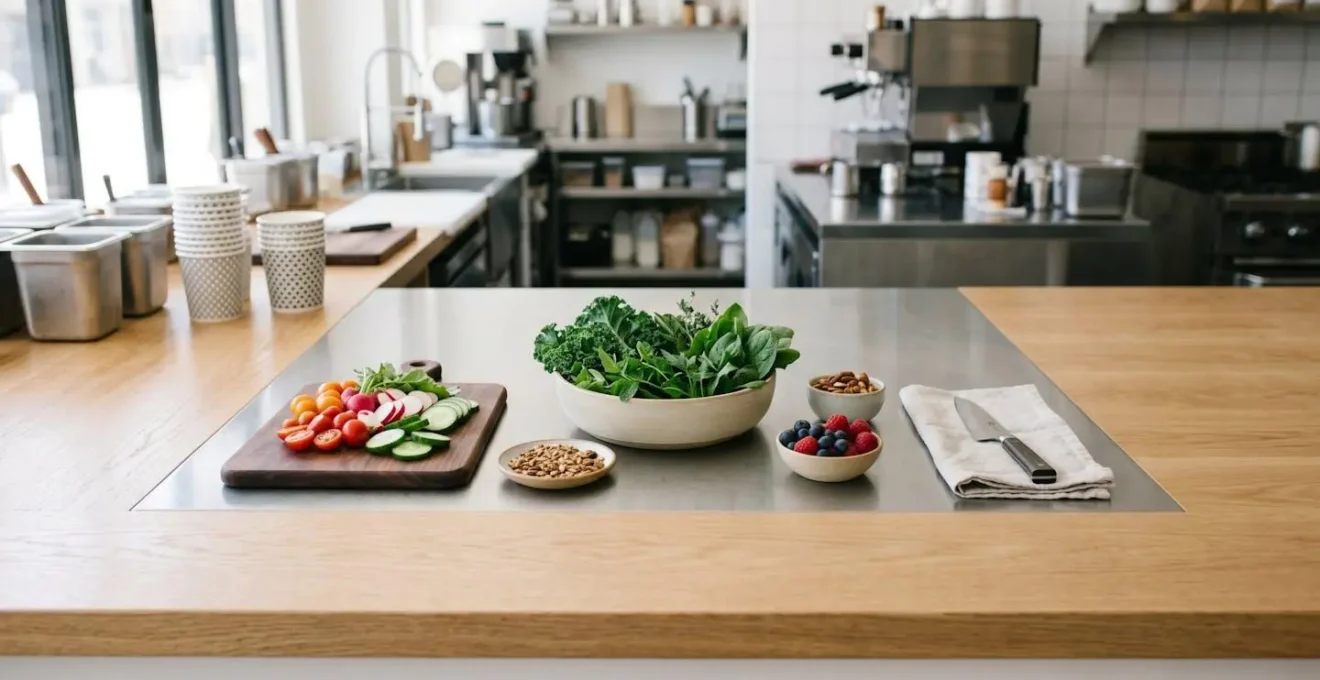 Wide angle view of seasonal fresh ingredients arranged on clean kitchen workspace for menu planning