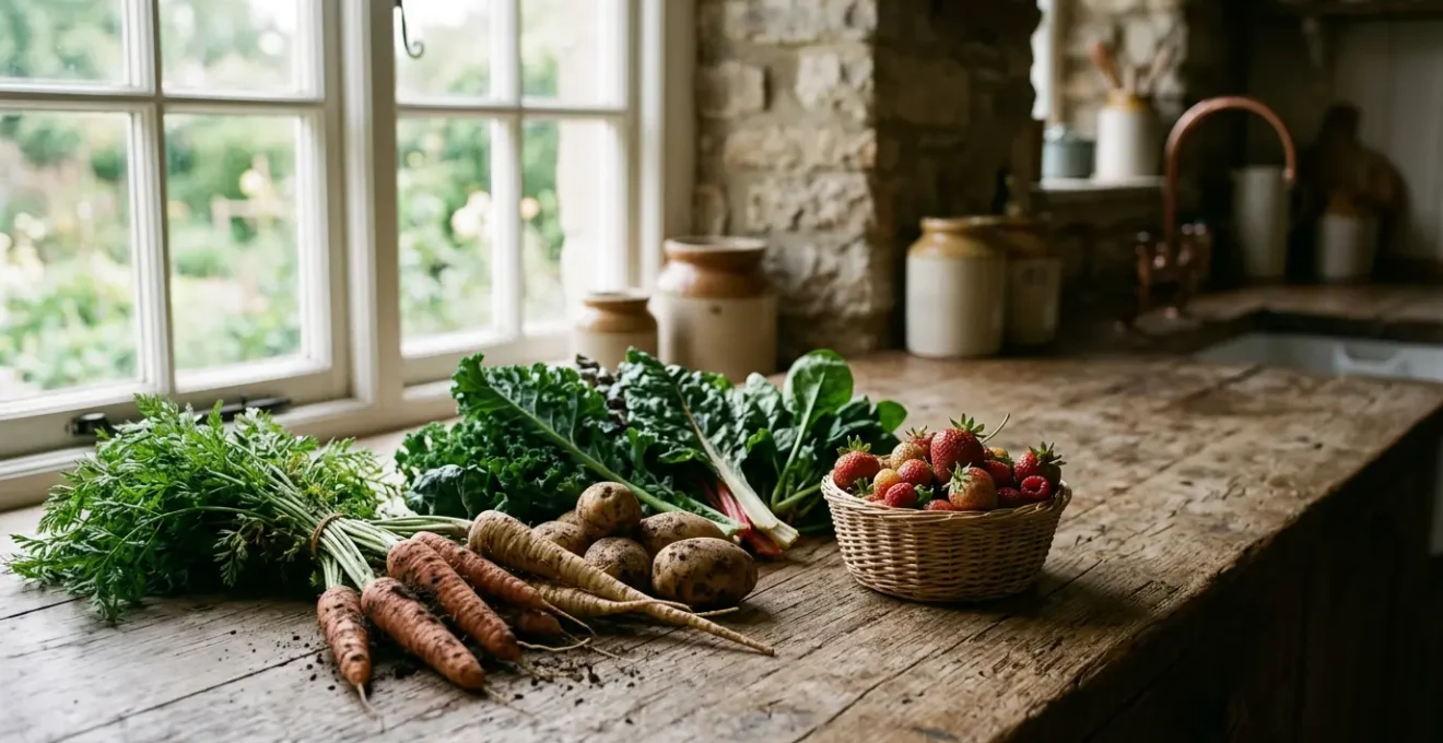 Fresh seasonal organic vegetables and fruits arranged on rustic wooden surface with soft natural lighting