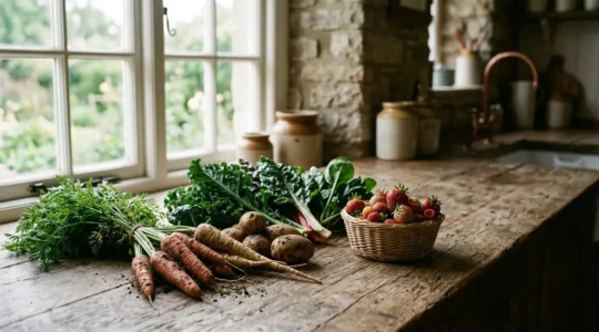 Fresh seasonal organic vegetables and fruits arranged on rustic wooden surface with soft natural lighting
