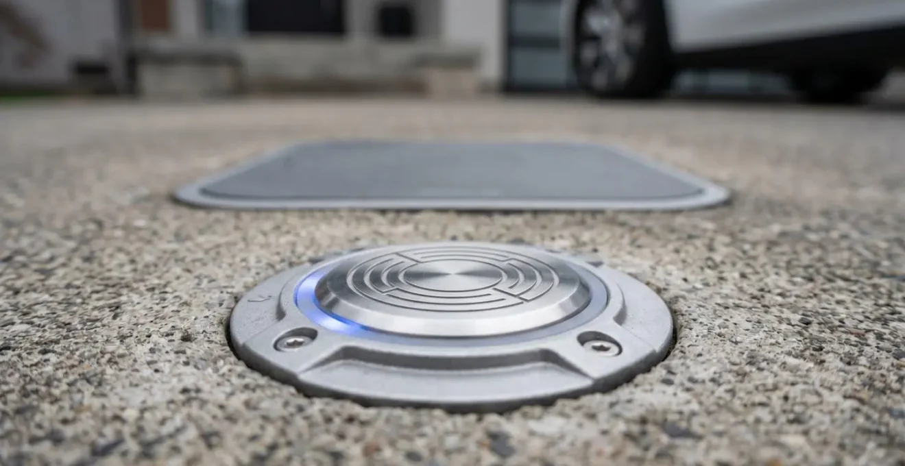 Close-up view of a residential driveway featuring a designated autonomous vehicle pick-up zone with embedded technology
