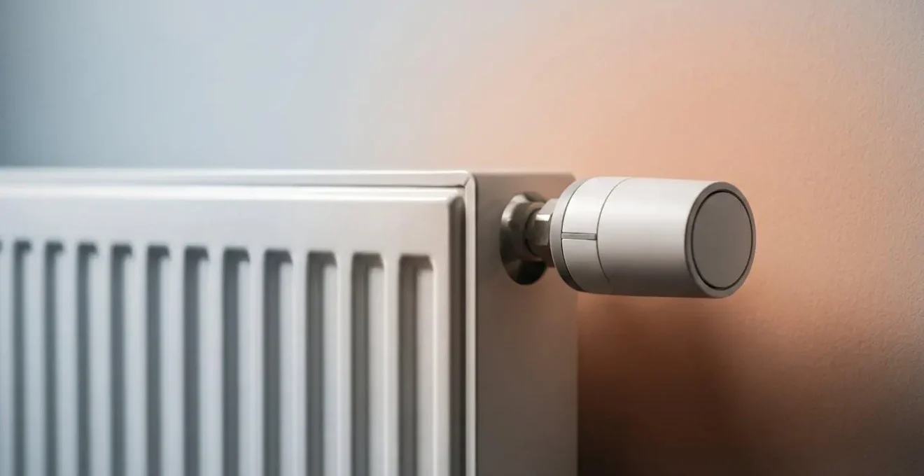 Close-up of smart thermostatic radiator valve installed on traditional UK radiator showing temperature control mechanism