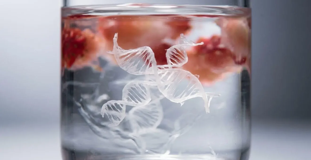 Extreme close-up of translucent DNA strands suspended in clear liquid with strawberry tissue visible in background
