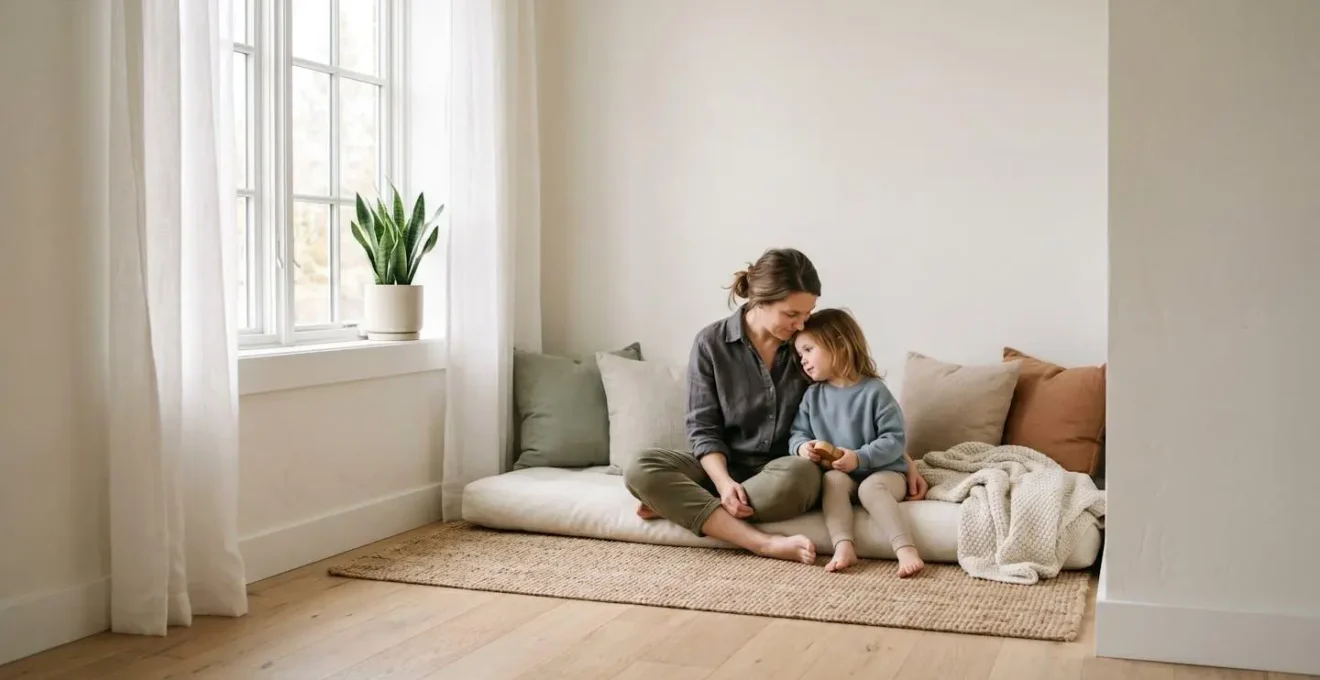 Child and parent sitting together in quiet calm-down corner with soft natural light showing connection and emotional support