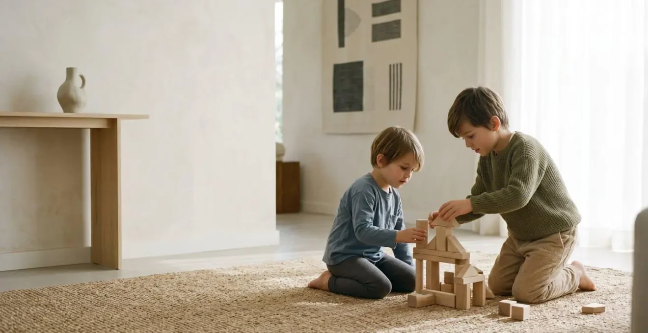 Two young siblings engaged in natural play representing childcare decision considerations