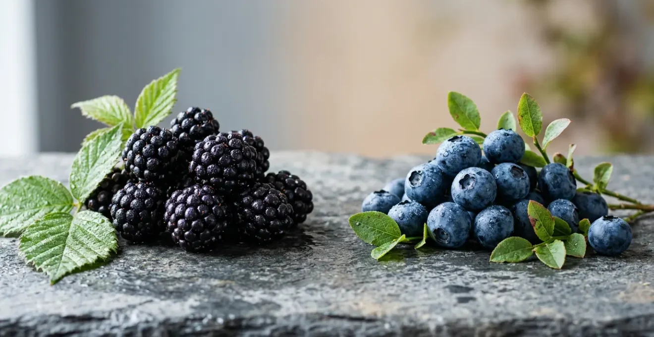 Wild blackberries and fresh blueberries arranged side by side showcasing their antioxidant rich deep purple colors for natural skin health