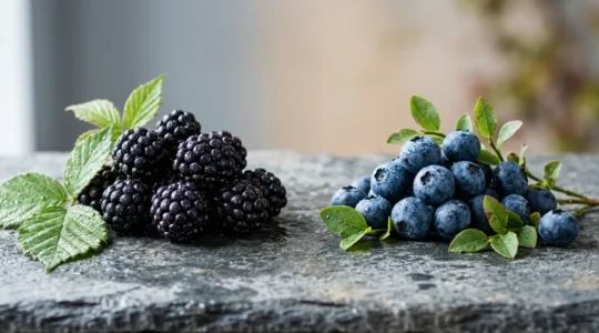 Wild blackberries and fresh blueberries arranged side by side showcasing their antioxidant rich deep purple colors for natural skin health