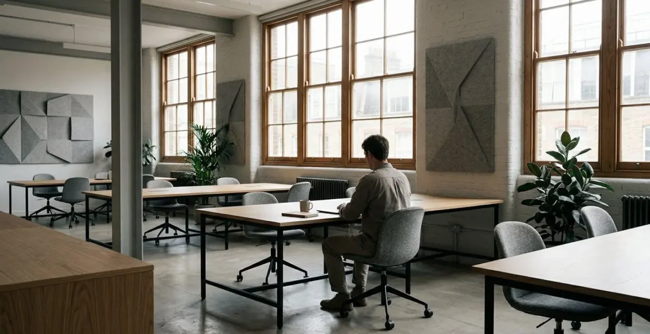 Modern UK creative agency workspace showing human copywriter collaborating with technology in contemporary British office setting