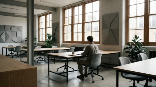 Modern UK creative agency workspace showing human copywriter collaborating with technology in contemporary British office setting