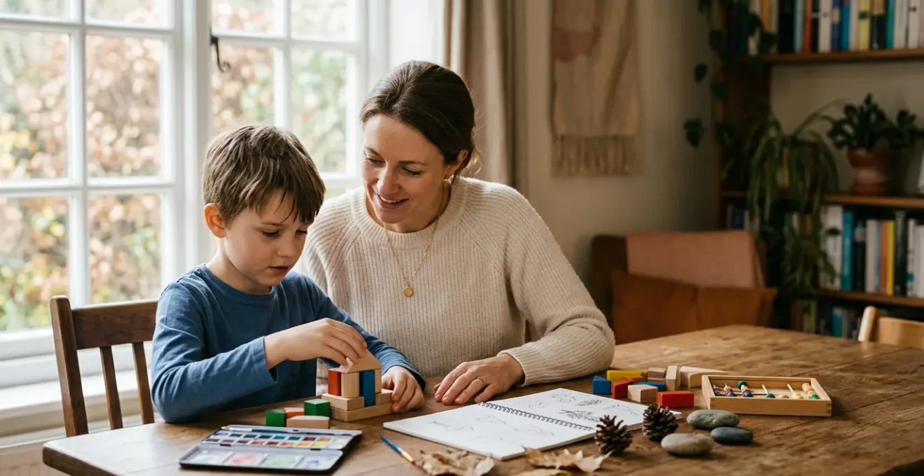 Parent and child collaborating on learning activities in a warm, sunlit home environment