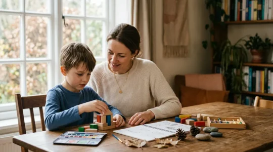 Parent and child collaborating on learning activities in a warm, sunlit home environment